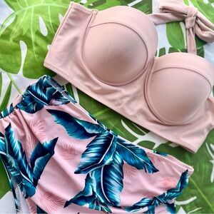 SHEIN Pink and Blue Leaf Print Bikini Set M